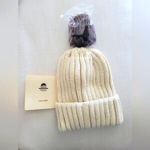 Cream Ribbed Knit Beanie with Pom-Pom